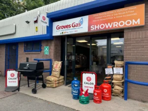 Groves Gas Showroom with a range of products displayed outside